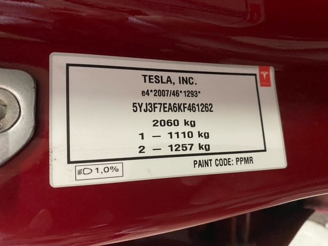 Tesla VIN plate for shipping a car from Hong Kong to UK